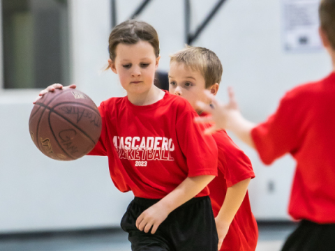 Young person dribbling during a basketball game.