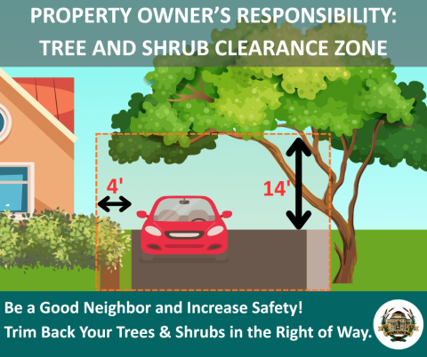 Graphic illustrating that property owners must maintain trees and vegetation with a minimum clearance of 4 feet from the edge of the street and 14 feet in height above the street.