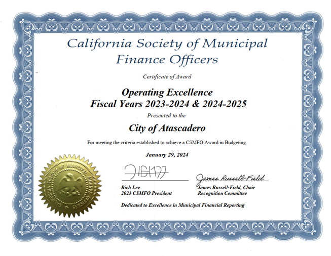 Certificate for the 2023-25 budget award from CSMFO
