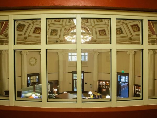 Photo looking down on the lower rotunda space of Historic City Hall.