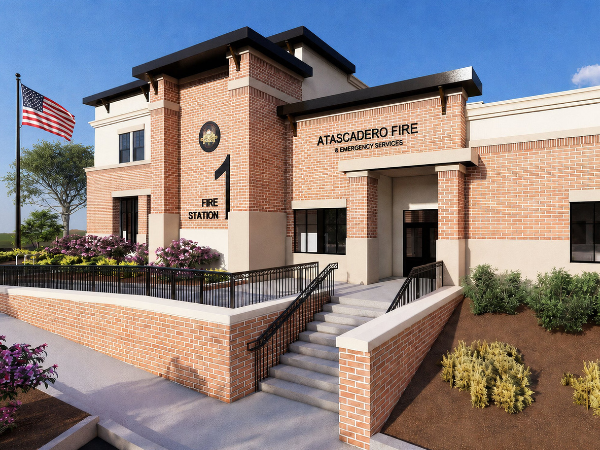 Concept design for a new multistory Atascadero Fire Station 1 building featuring a brick facade.