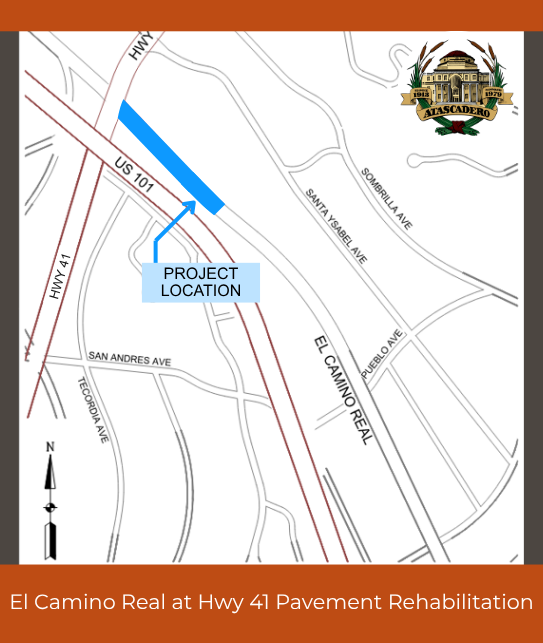 Overhead map of Atascadero highlighting a section of El Camino Real to be resurfaced. The highlighted section begins at Hwy 41 and extends along El Camino Real to the approximate location of A-Town Diner.