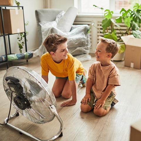 Two boys enjoying a fan on moving day