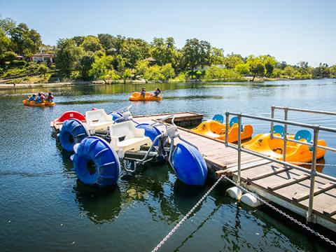 Paddle boats docked and in use at Atascadero Lake Park.