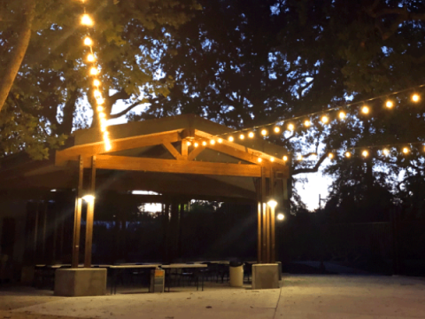 Zoo Garden Event Center night shot with string lights.