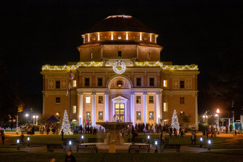Image of Historic Atascadero City Hall with holiday lights.