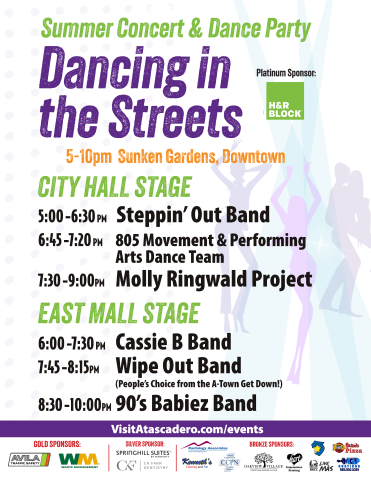2026 Dancing in the Streets event flyer for August 21, featuring live performances in Downtown Atascadero from 5–10 p.m. around Sunken Gardens. The flyer includes event sponsor logos and colorful, semi-transparent silhouettes of people dancing.