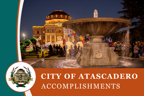 Graphic with a night picture of an event in Atascadero's Sunken Gardens with a view of the cenral fountain and City Hall in the background.