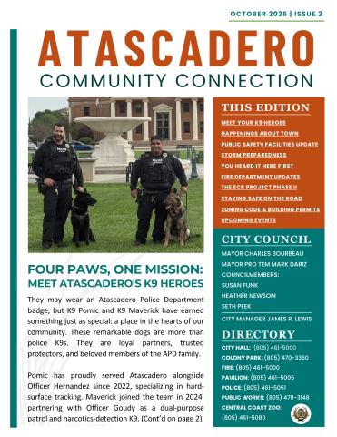 Atascadero Community Connection newsletter cover for October 2026, Issue 2. The featured article, “Meet Atascadero’s K9 Heroes,” includes a photo of two Atascadero Police Department K9 handlers with their dogs. Other articles cover local happenings, public safety facilities, storm preparedness, City news, Fire Department updates, the ECR Project Phase 2, road safety, zoning code and building permits, and upcoming events.