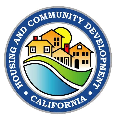 logo for california housing and community development, houses with sun, grass, and water