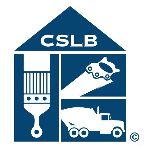 logo for cslb california contractors state license board, blue house shape with paint brush, saw, and truck