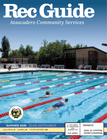 Cover of the 2026 Atascadero Community Service Rec Guide (June – September), featuring a picture of swimmers doing laps in their lanes divided by read and white lane guards. The top title reads Rec Guide with a smaller text underneath reading Atascadero Community Services. Underneath the City of Atascadero logo at the bottom of the page lists aquatics on page #9, camps on page #12, and sports on page #39. Online registration is always open online at atascadero.org . 