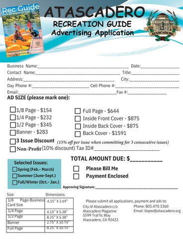 Recreation Guide advertising application form showing ad sizes, costs, and other relevant submission fields.