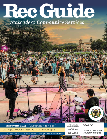 Image of the 2025 Summer Rec Guide cover featuring photo from behind a band looking out into the crowd and a sunset.