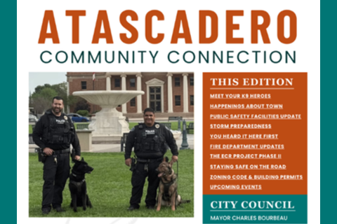 Top portion of the October 2026 Atascadero Community Connection newsletter, Issue 2, featuring two Atascadero Police Department K9 handlers with their dogs.