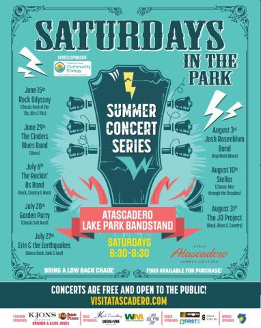 2024 Saturdays in the Park Concert flyer with band schedule