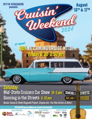 Flyer for the 2024 Cruisin' Weekend event featuring a classic car in front of City Hall.