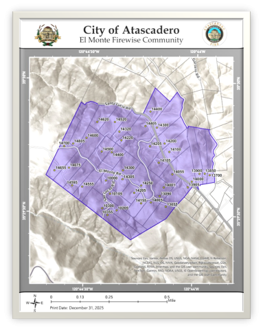 Map of a portion of the City of Atascadero highlighting El Monte Firewise Community parcels in purple.