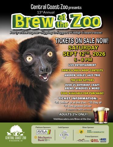 2026 Brew at the Zoo event flyer featuring a red ruffed lemur with an animated expression. The 21-and-over event will be held at the Central Coast Zoo on Saturday, September 12, 2026, from 5:00 to 8:00 PM. The flyer includes ticket pricing, entertainment, adult beverage information, and sponsor logos. Complete event details are available at visitatascadero.com/Brew-at-the-Zoo.
