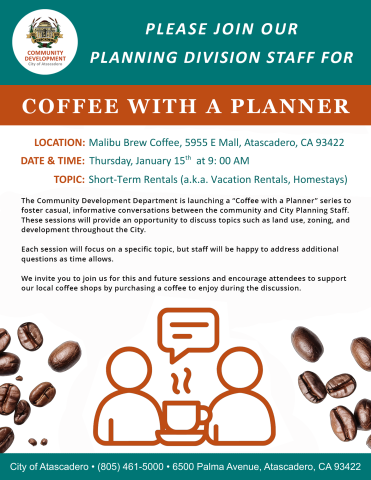 Coffee with a Planner event flyer for January 15, 2026, 9 am, at Malibu Brew in Atascadero California. The topic will be short-term rentals, also known as vacation rentals.