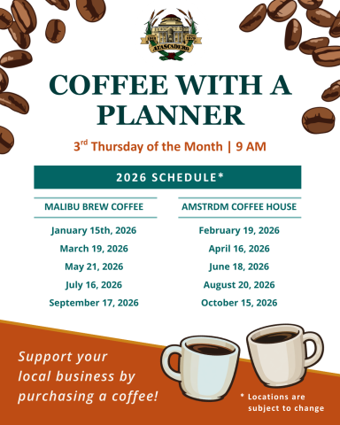 2026 “Coffee with a Planner” schedule listing recurring meetings held on the third Thursday of each month at 9:00 a.m., alternating between Malibu Brew Coffee and AMSTRDM Coffee House, beginning January 15, 2026 at Malibu Brew.