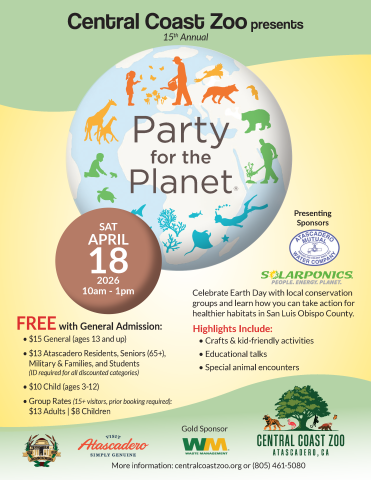 Flyer for the Party for the Planet event on April 18, 2026, from 10:00 AM to 1:00 PM at the Central Coast Zoo. The design features the Party for the Planet logo, showing colorful animals and people engaged in conservation activities, set against an Earth-themed background.