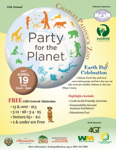 Flyer for the Charels Paddock Zoo's 2025 Party for the Planet event on 4/19/25.