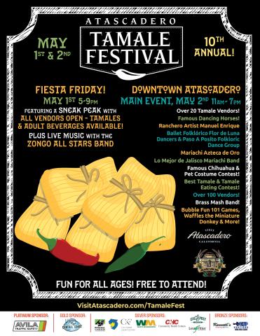 Poster for the 2026 Tamale Festival Weekend, celebrating the 10th annual event on May 1 (5–9 PM) and May 2 (11 AM–7 PM) in Downtown Atascadero, featuring an illustration of tamales and peppers, along with information on event performers and activities.