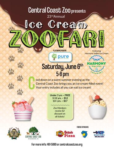 Event flyer for the Central Coast Zoo’s 23rd Annual Ice Cream Zoofari on June 6 from 5–8 PM, featuring illustrations of ice cream and cones, along with sponsor logos and event pricing details.
