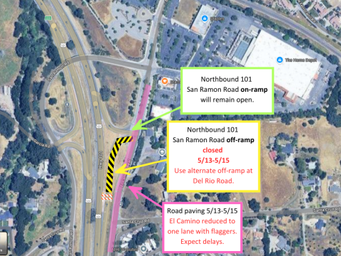 Map showing work area for a temporary closure at northbound highway 101 and San Ramon Rd. in Atascadero.