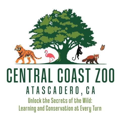 New Central Coast Zoo logo for the previously named Charles Paddock Zoo. The logo features a big oak tree flanked on one side by a tiger and flamingo and the other side by a monkey, red panda, and butterfly with the following text below it: Central Coast Zoo, Atascadero, CA, Unlock the Secrets of the Wild: Learning and Conservation at Every Turn.