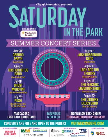 2026 Summer Concerts in the Park flyer featuring a guitar illustration in the background, the full season concert lineup, and sponsor logos. All concerts are held at the Atascadero Lake Park Bandstand from 6:30 to 8:30 p.m. For information on the upcoming concerts and other events, visit www.visitatascadero.com/events.