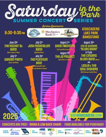 Flyer for the 2025 Saturday in the Park, Summer Concert Series.