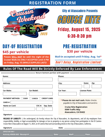 Thumbnail image of the 2025 Cruisin' Weekend registration form.