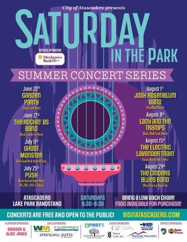 2026 Summer Concerts in the Park flyer featuring a guitar illustration in the background, the full season concert lineup, and sponsor logos. All concerts are held at the Atascadero Lake Park Bandstand from 6:30 to 8:30 p.m. For information on the upcoming concerts and other events, visit www.visitatascadero.com/events.