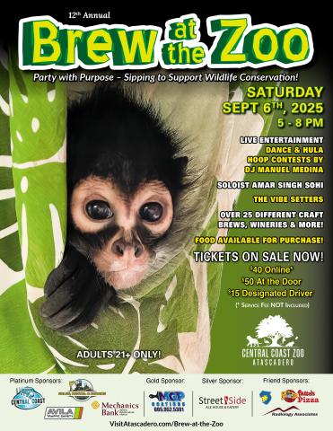 2025 Brew at the Zoo flyer featuring a small spider monkey.