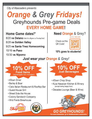 2026 Orange & Grey Fridays flyer featuring Greyhounds pre-game deals for home games on August 20, August 28, September 25, October 16, and October 30. Participating businesses include ATown Diner, Barley & Boar, Cielo Italian Restaurant & Rooftop Bar, Guesthouse Grill, Street Side Ale House, Colony Sandwich Company, Wild Fields Brewhouse, ATown Chop Shop, Kula Hawaiian Kitchen & Winery, and Decades Lounge.