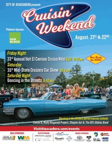 2026 Cruisin' Weekend event flyer featuring a stylized image of a classic car cruising past spectators, with Historic Atascadero City Hall visible in the distance. The event includes the main cruise on Friday, August 21 from 6:30–8:30 p.m., the Mid-State Cruizers Car Show at Atascadero Lake Park on August 22 from 10 a.m.–3 p.m., and Dancing in the Streets in Downtown Atascadero from 5–10 p.m. on August 22.