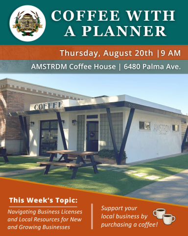 Coffee With a Planner event flyer for August 20, 2026, at 9 AM at AMSTRDM Coffee House, featuring the topic “Navigating Business Licenses and Local Resources for New and Growing Businesses” with an image of the AMSTRDM building.
