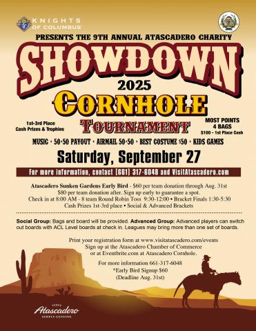 2025 Cornhole Tournament flyer for 9/27/25 event designed with earthy tones and a western-style background.