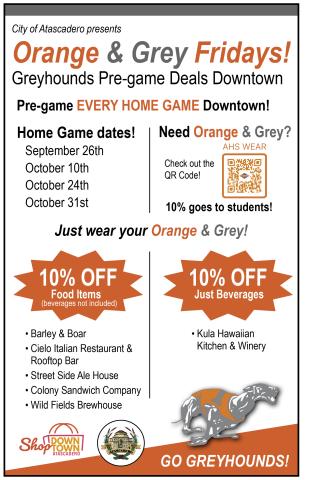 "Orange & Grey Fridays" Greyhounds pre-game deals downtown flyer.