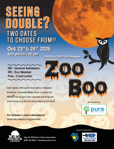 2026 Zoo Boo flyer featuring a large orange moon and owl graphic. The event takes place October 23 and 24 from 4–7 p.m. at the Central Coast Zoo and includes Halloween decorations, carnival games, a costume contest, Halloween-themed activities, a haunted maze and barn, and tricks and treats. Admission is free for children 2 and under, $16 for general admission, and $15 for Zoo Members. Sponsored by Pure Pediatric Dentistry, MGP Coatings, and 5 Star Rain Gutters.