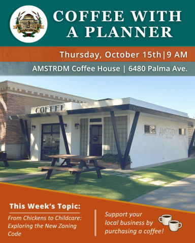 Coffee With a Planner event flyer for October 15, 2026, at 9 AM at AMSTRDM Coffee House, featuring the topic “From Chickens to Childcare: Exploring the New Zoning Code” with an image of the AMSTRDM building.