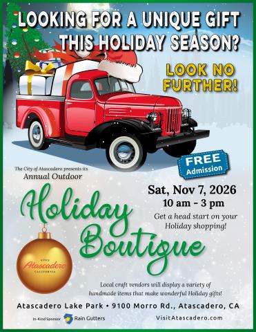 Illustrated flyer for the 2026 Holiday Boutique featuring a red truck with a Santa hat on the cab and oversized presents in the bed. The free event takes place Saturday, November 7, from 10 a.m. to 3 p.m. at Atascadero Lake Park, 9100 Morro Road. Shop local craft vendors offering handmade items and holiday gifts.