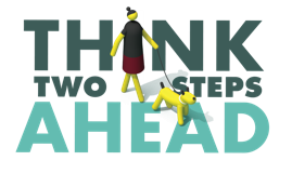 Think Two Steps Ahead logo featuring an illustration of a pedestrian walking a dog, with the pedestrian forming the letter “i” in the word “Think.”