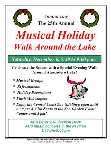2025 Musical Holiday Walk Around the Lake flyer featuring clip-art holiday wreaths and bells.