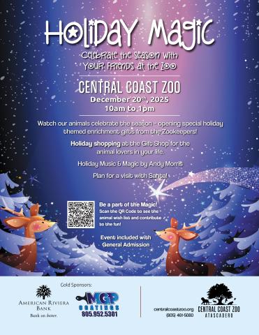 2025 Holiday Magic event flyer featuring an illustration of falling snow against a purple and blue sky, with a shooting star above and smiling deer standing among snow-covered pine trees below.