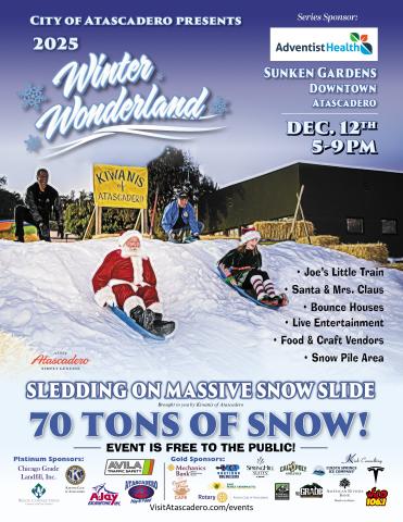 2025 Winter Wonderland event flyer featuring Santa and an elf sledding down the event’s snow slide.