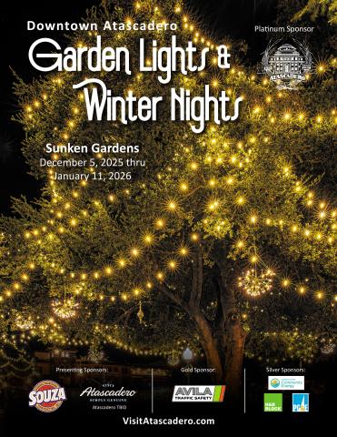 2025 Garden Lights & Winter Nights event flyer featuring a tall tree decorated with warm-colored string lights.
