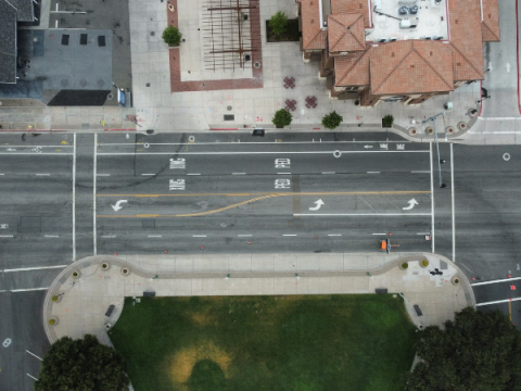 Aerial view of El Camino Real at Sunken Gardens before Phase I improvements for the ECR Project.